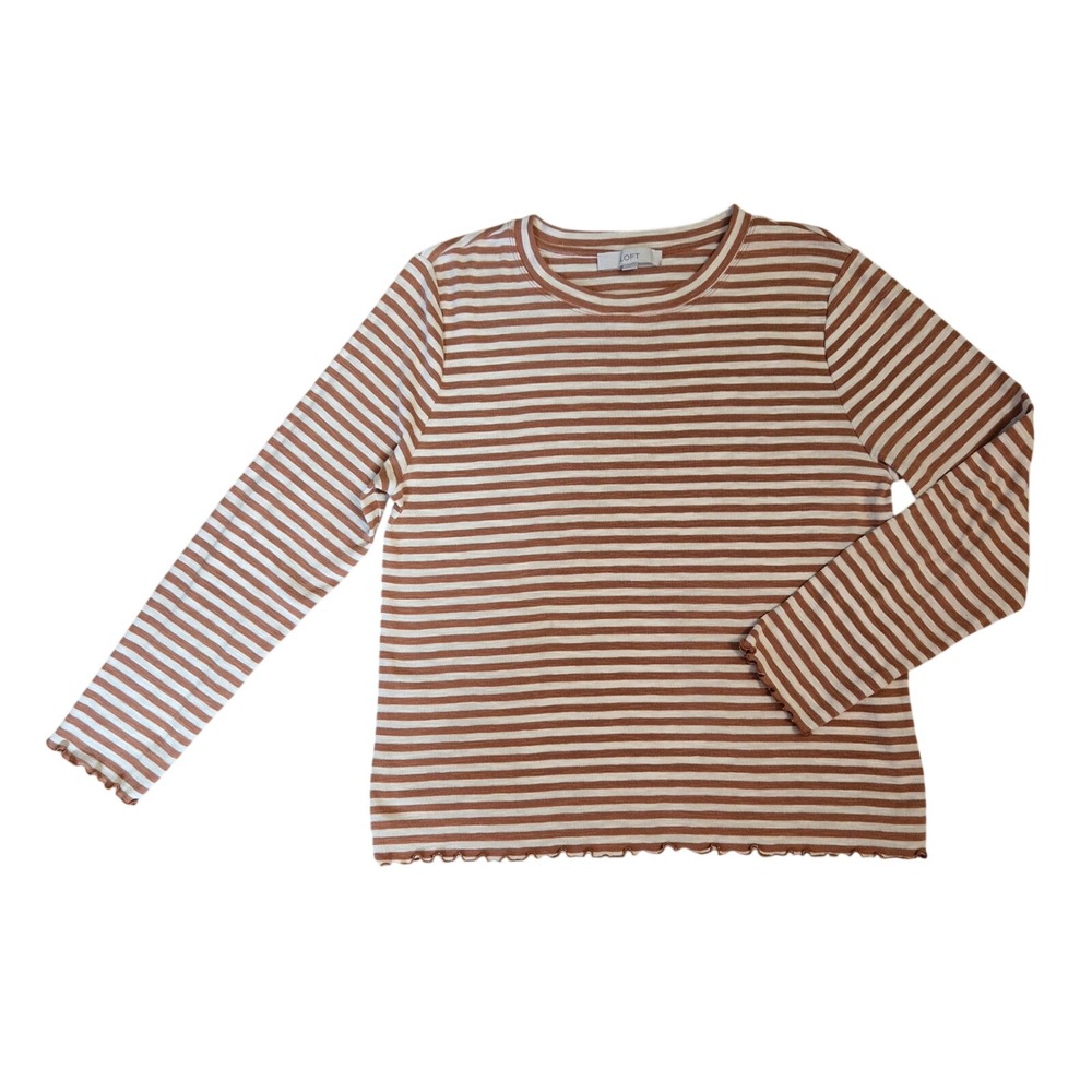 LOFT Women XL Striped Long Sleeve Tee Terracotta Cream Lettuce Edge‎ Crew Neck